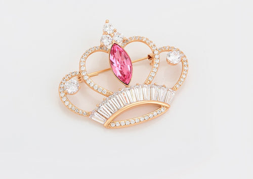 Gold Crown Brooch with Pink Crystal